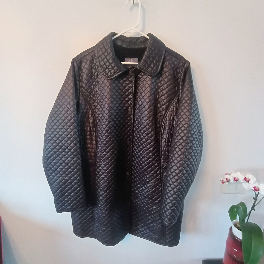 St John's Bay Quilted Faux Leather Jacket Womens 1X Black Snap Front Moto